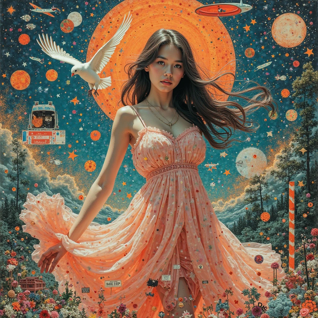 cut and pasted, collage chaos, girl, dress, bird, motor vehicle, star, symbol, english text, book, humans, fish, caution tape, 