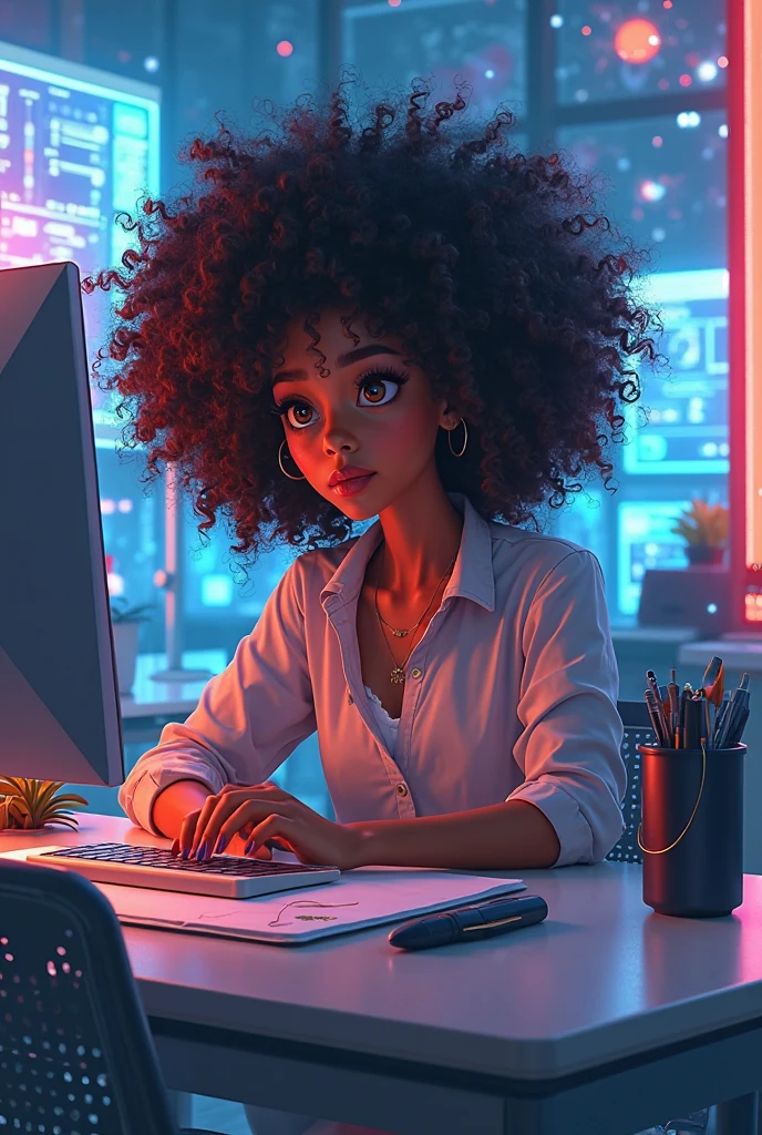small beautiful black dark skin girl with afro hair, studying in a room, fill with plants, study desk with two monitors, beautiful blue lights, computer science girl , best quality, high res, ultra-sharp, masterpiece