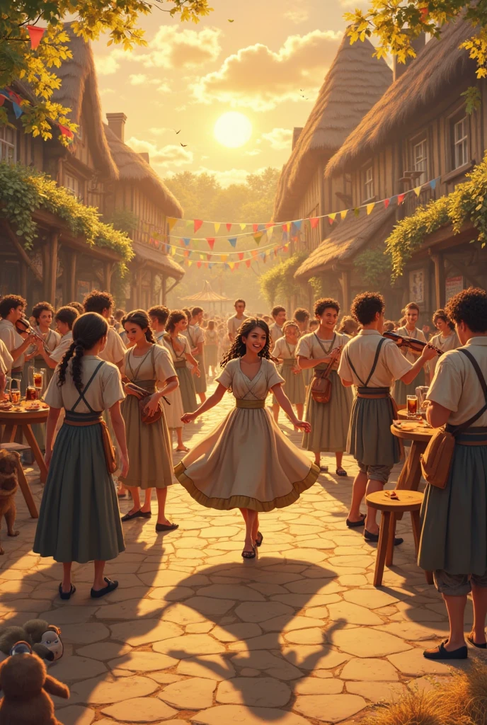 Anime-style medieval peasant festival in a rustic village square during golden hour. Villagers in simple linen clothes and aprons laugh and dance in groups. A brunette girl with braided hair twirls joyfully in a modest, flowing dress, surrounded by musicians playing fiddles, flutes, and tambourines. Wooden tables hold bread, fruits, and mugs of ale. ren chase each other between hay bales and animals wander nearby. Colorful banners hang between thatched-roof cottages. Warm sunlight bathes the scene, with a joyful, festive atmosphere. Cinematic 16:9 framing.