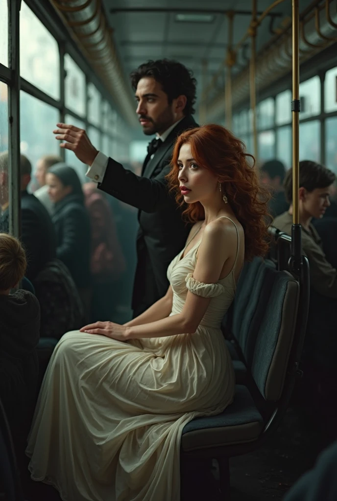 Create a scene where a beautiful woman in a dress is on the bus and behind her a man touching her with a malicious look