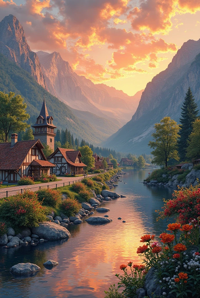 a small village by the river, mountains in the background, floral flowers colorful, detailed landscape, Beautiful natural landscapes, atmospheric lighting, scorching sunset, warm colours, practical, photopractical, Detailed Foliage, complex buildings, cobblestone street, Charming country house, swirly vibrant colors, lush vegetation, Still water reflections, Picturesque, idyllic, work of art, best qualityer, 8k, extremely detaild,anime styling