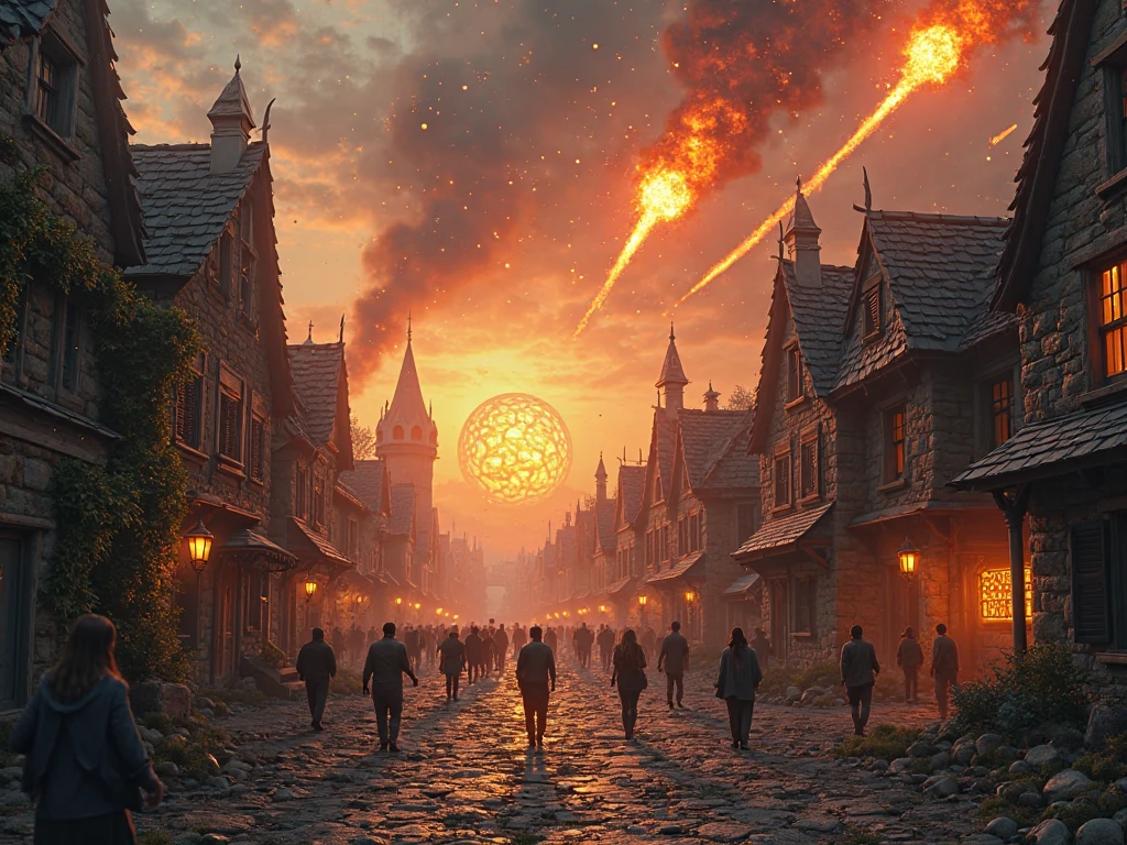 A town with stone houses is attacked at dusk, Fireballs fall on houses and there is destruction 