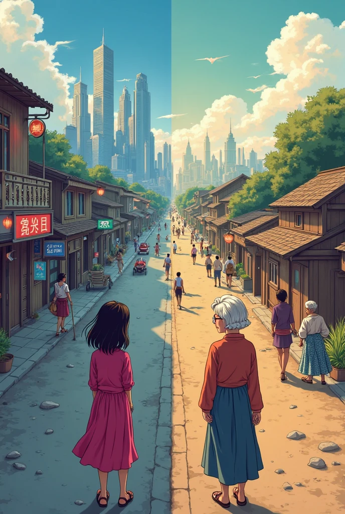 Image 1 – Book Cover / Page 1: Introduction
Scene: A full-screen split illustration


Left half: A modern city — skyscrapers, cars, neon signs, busy sidewalks


Right half: A vintage rural village — dirt roads, wooden houses, people in traditional clothes


Add characters:


Left side: A modern  girl (Yana) with bold magenta-black hair in city clothes


Right side: An older woman in traditional clothes, smiling softly in the village



Mood: Peaceful yet contrasting


Add title at top: “Then and Now – A Grandmother’s Perspective”


Optional overlay text (at bottom): “Life changes in ways we never expect…”