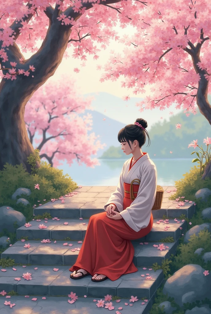 Cherry blossom trees、woman holding a basket is sitting on the steps、Put the basket on your lap。, Paintings by Eizan Kikugawa,  Flickr , what is it？, aya takano, Yasumoto Oka, Japanese Portrait , tsubasa nakai's style,  Takano Aya color style , Rinko Kawaichi, Nomura Tetsuya , Tsubasa Hanekawa
