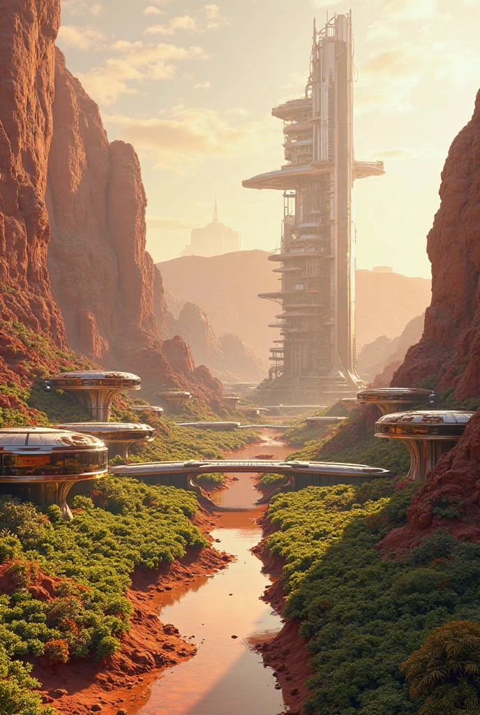Designing a futuristic city on Mars, with floating buildings, glass streets, and farms that grow without dust, in warm colors and soft lighting."​