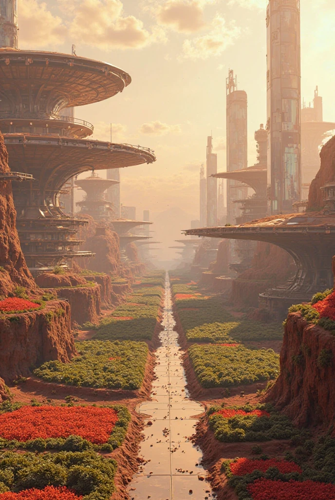 Designing a futuristic city on Mars, with floating buildings, glass streets, and farms that grow without dust, in warm colors and soft lighting."​