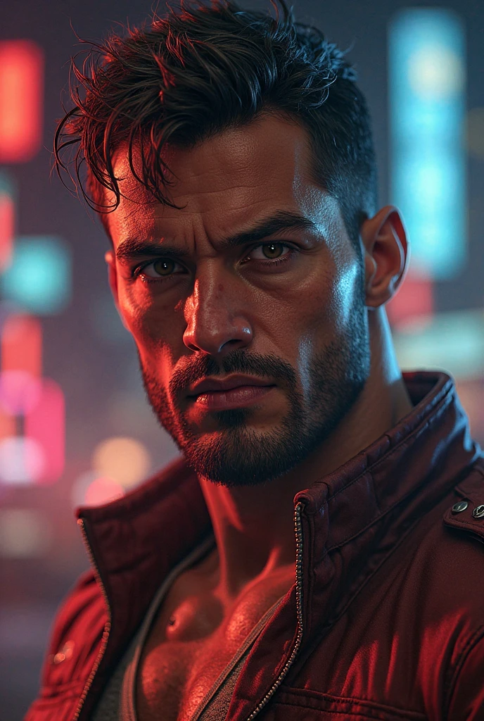 Alok character from Free Fire, detailed portrait, dramatic action pose, serious expression, muscular physique, close-up view,4K, ultra-detailed, photorealistic, studio lighting,professional digital painting,dynamic lighting,cinematic mood,vibrant colors,intricate details