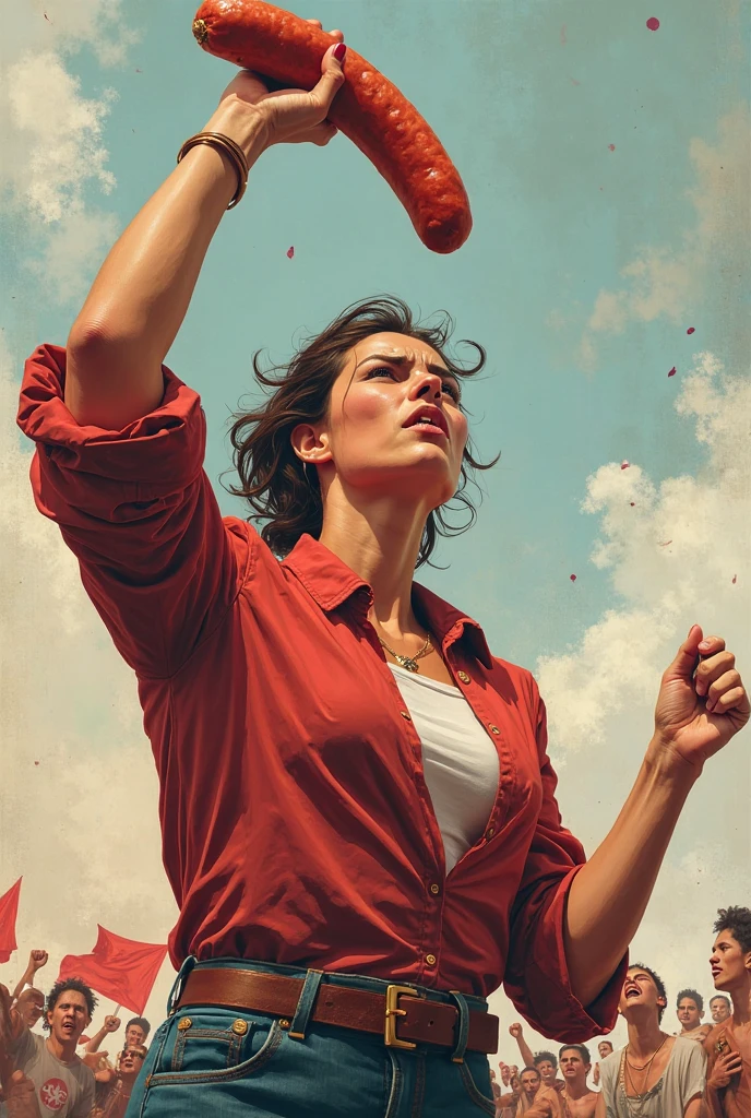 An angry feminist, Who holds a sausage in her fist and raises it to the sky