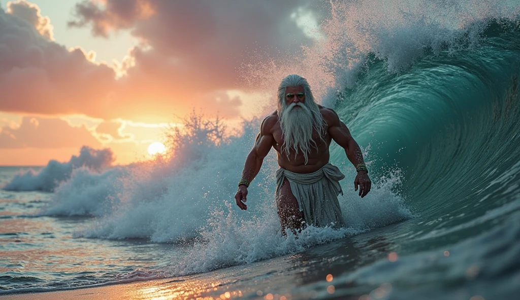 Neptune, ocean, water separation, divine pose, majestic, powerful, godly, beard, trident, waves, celestial light, god of the sea, regal, commanding presence, blue hues.