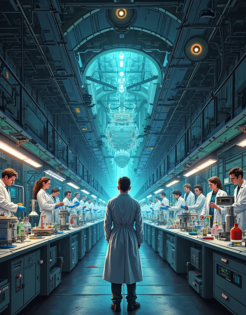 Create a comic book page, (((panoramic view of the entire plane))) de (((dark corridors))) leading to a secret laboratory with countless scientists (((men and women))) (((wearing white coats))), (((in the background laboratory equipment))) detailed colorful portrait, joshua middleton comic art, comic art Phil Noto, beautiful comic art , comic illustration, comic art, indiano, phil noto e rebecca guay, comic book illustration, Spread the color, Comic book saga ,  Color illustration ,  by Juan O'Gorman,  detailed and beautiful faces 