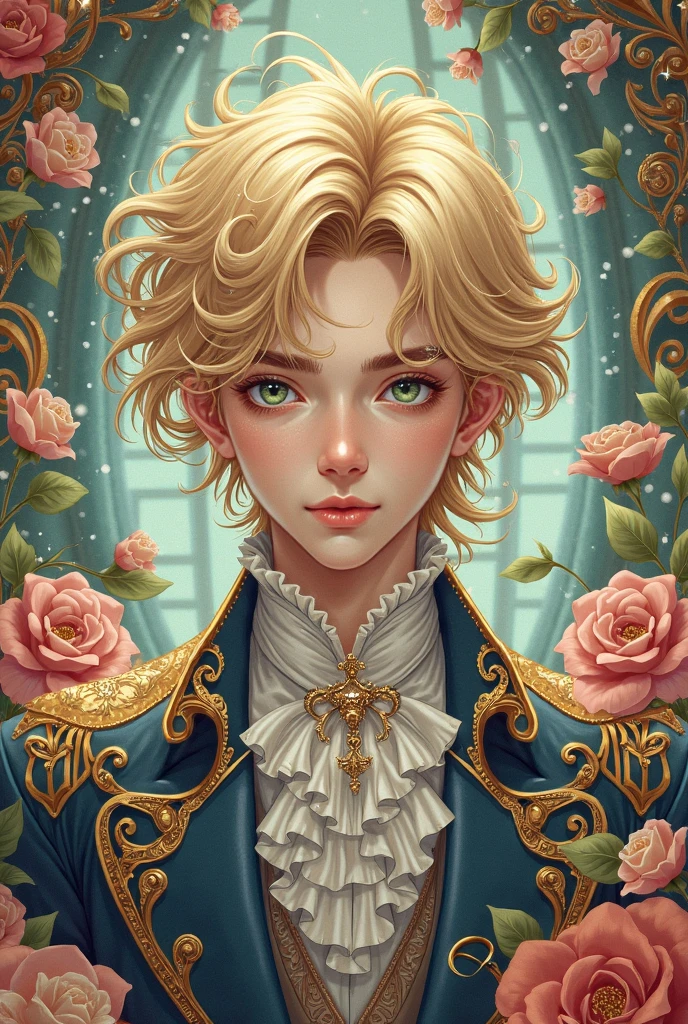 19-year-old blond boy with green eyes wearing rococo clothing, Manhwa style.