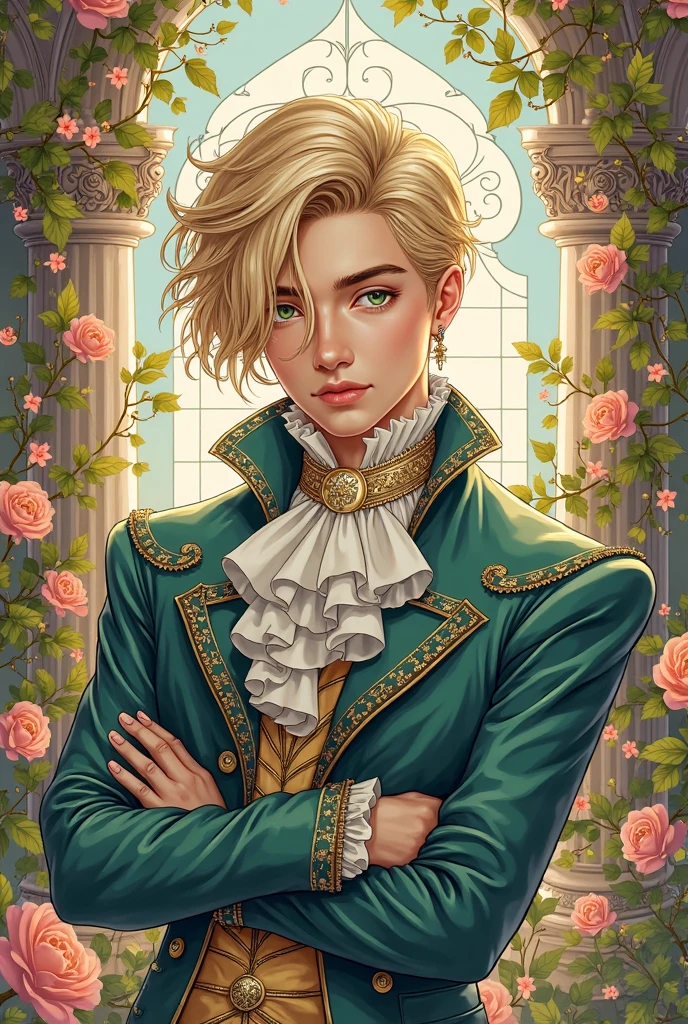 19-year-old blond boy with green eyes wearing rococo clothing, Manhwa style.