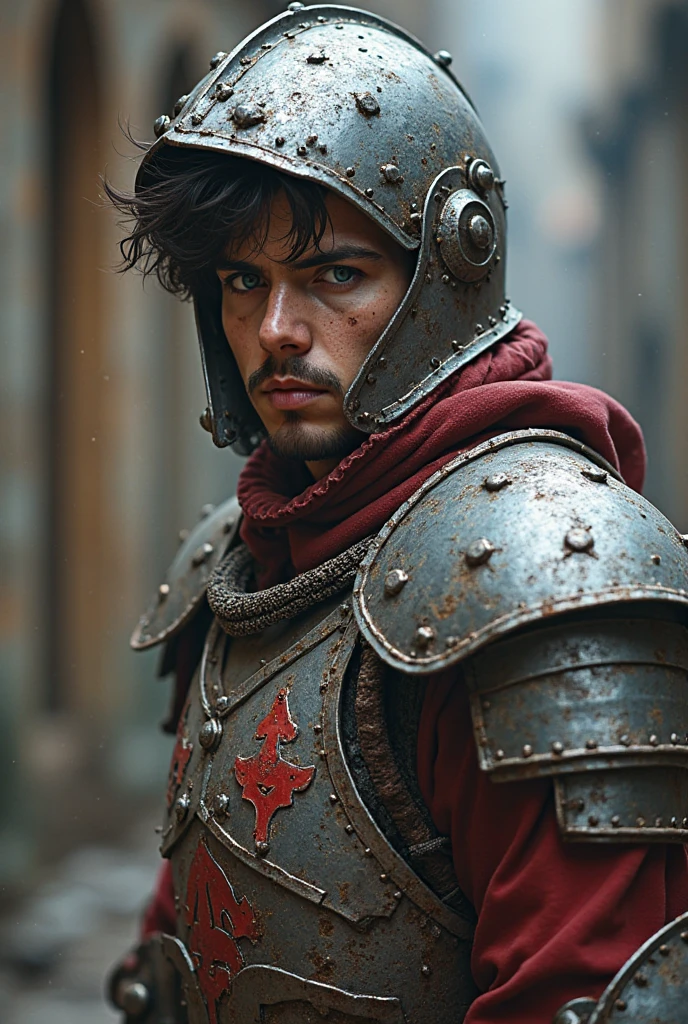 Close-up of an improved masterpiece:1.5)0.9], ( Space and Astronauts:1.2) (Cabello plateado desordenado:1.1) ( heterochromia: xanthochromia and blue eyes:1.2) (Space helmet:1.0) (StarName:
The Knight of the West Zone (his true name is lost, he has shed his previous identity).

Age:
approximately 25 years.

Appearance:
height: 191 cm.

Complexion: Skinny and tall, with an agile but fragile body.

rostro:  young, with eyes full of fear and determination. The hair is dark and short, disordered by the chaos of the world. He has scars that reflect his suffering.

armor: An ancient medieval armor, worn but sturdy, with red and silver details, and a thorny helmet that converts it In an imposing figure.

sword: A heavy sword, used as a symbol of his new identity.

History and Origin:
The young protagonist begins as an ordinary survivor in a post-apocalyptic world dominated by zombies. His life has been a constant escape, marked by fear of the undead and the loss of loved ones.

In a desperate escape from a horde of zombies, he finds himself wearing medieval armor in an abandoned museum, , which gives him a physical and psychological transformation.

Upon putting on the armor, adopts the identity of a legendary warrior, believing he is a hero destined to save the city, but the internal confusion between his old self and the "Caballero" it begins to affect his mind.

 Personality:
Before the armor: A scared and aimless young man, whose main motivation was to survive. Full of doubts about his ability to face zombies, he had no clear purpose in life.

After the armor: He becomes someone more confident, aggressive and with a constant need to be a hero. The armor makes him feel invincible, but as you go along, he begins to lose touch with his humanity, believing that he is a colorful figure in his eyes:1.0) (A radiant glow:1.1) (Thick lips background:0.9)