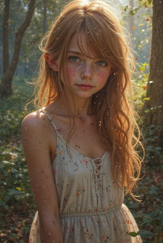 (8k, RAW photo, highest quality) depth of field, bokeh, 8K, HDR, cinematic rendering, a portrait of a 36-year-old redhead, framing from the navel, some small freckles, dressed in a ragged nightie, straps dropped, peeled off, leaning against a tree in the wilderness, goosebumps, cinematic, faded colors, dark shot, muted colors, grainy film, read, crazy details, intricate details, hyperdetailed, sunset, shyness, seduction, romance, looks at the camera lens lovingly, no visible hand