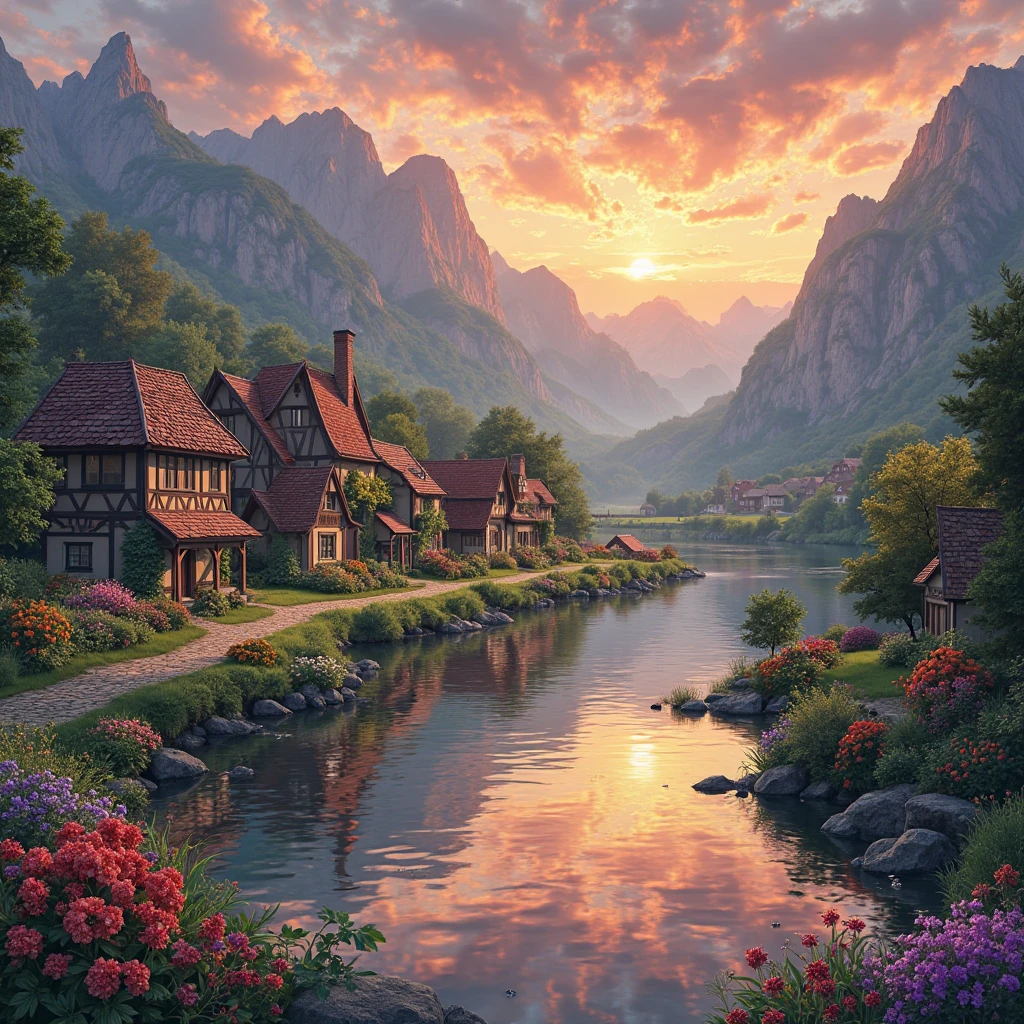 a small village by the river, mountains in the background, floral flowers colorful, detailed landscape, Beautiful natural landscapes, atmospheric lighting, scorching sunset, warm colours, practical, photopractical, Detailed Foliage, complex buildings, cobblestone street, Charming country house, swirly vibrant colors, lush vegetation, Still water reflections, Picturesque, idyllic, work of art, best qualityer, 8k, extremely detaild,anime styling