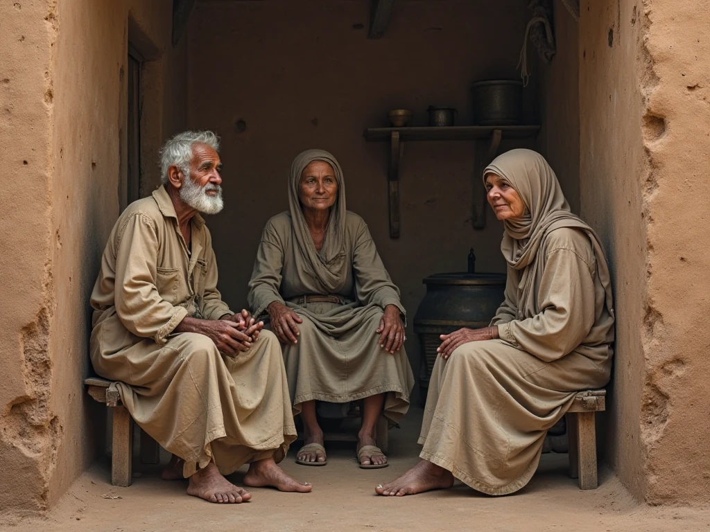 An old man in poor Moroccan clothing, an old woman in poor Moroccan clothing, and two poor young women in traditional Moroccan clothing sitting in a room in a Moroccan mud house.