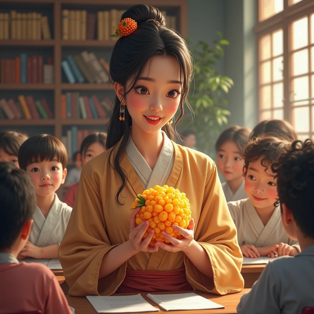 A very beautiful asian teacher talking to a class while showing a fruit