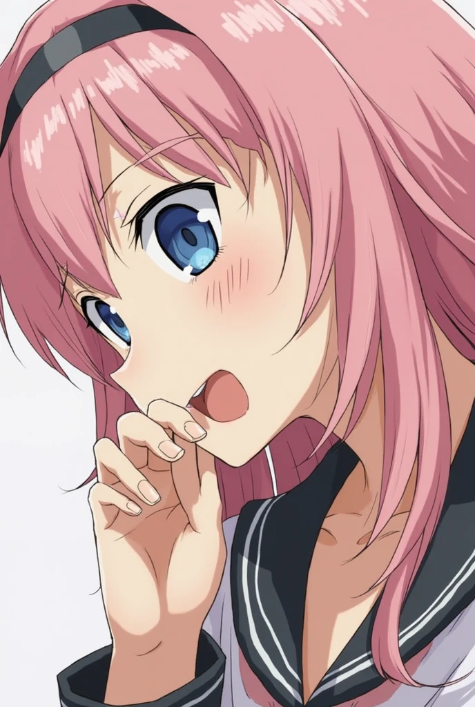 My mouth dropped open.、Girl with pink hair、blue eyes