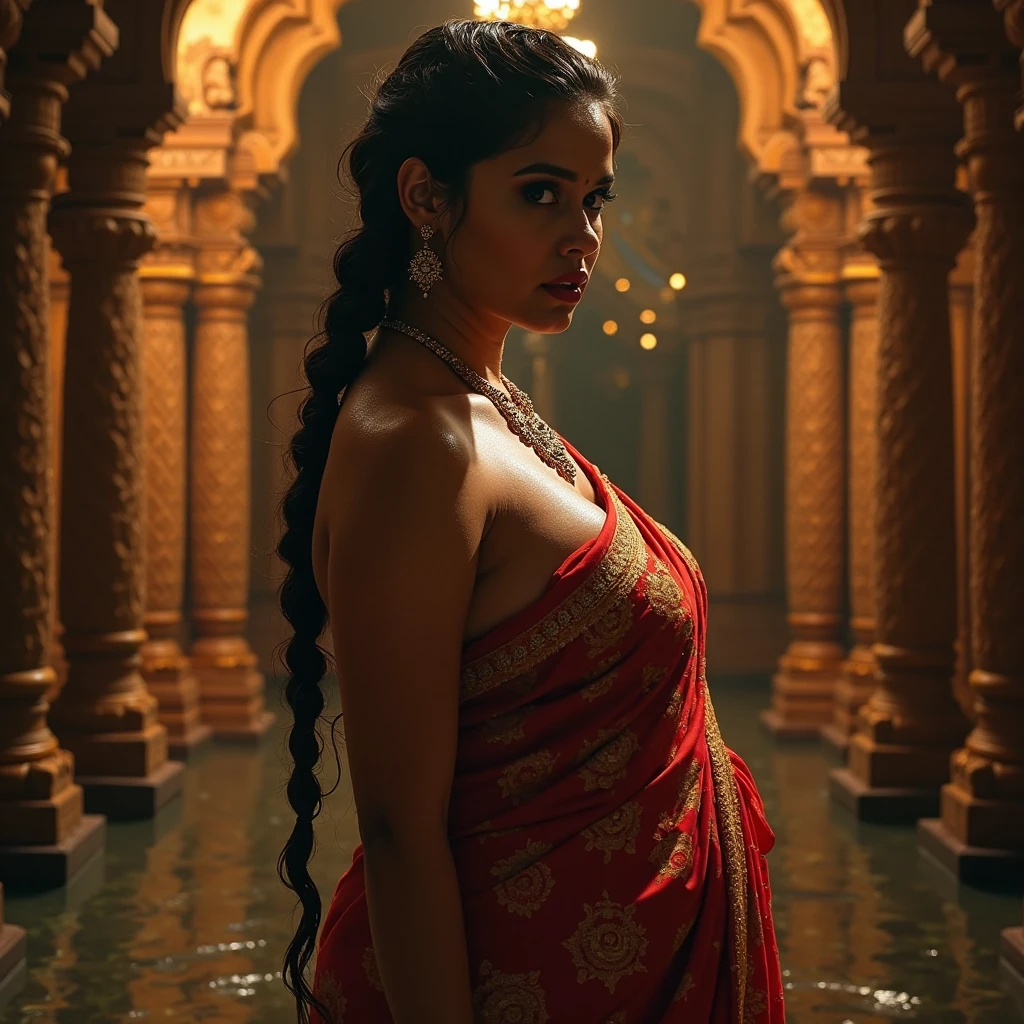 Chubby girl wearing a saree showing deep cleavage. She has a long french thick braid. Her body is fully wet. She is sitting inside temple sanctum , Side view. Cinematic lightings 