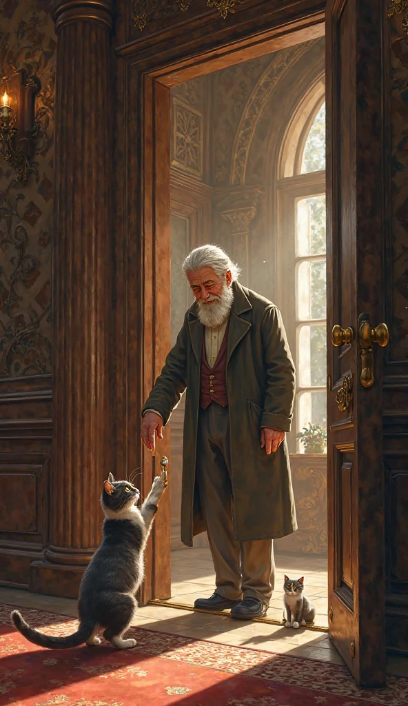 "A kind old man opening the door to the cat, letting her inside the big house"
