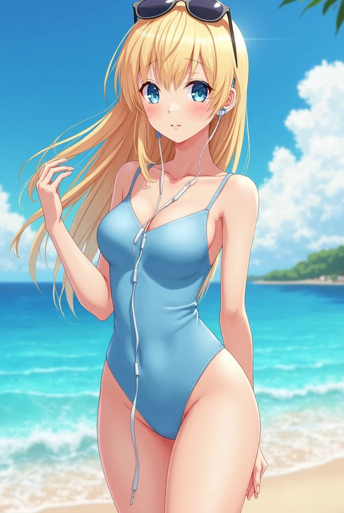 (anime artwork:1.5), best quality, 1girl, solo, Sitting on wooden bench by the beach, looking at viewer, Thong swimsuit, blush,