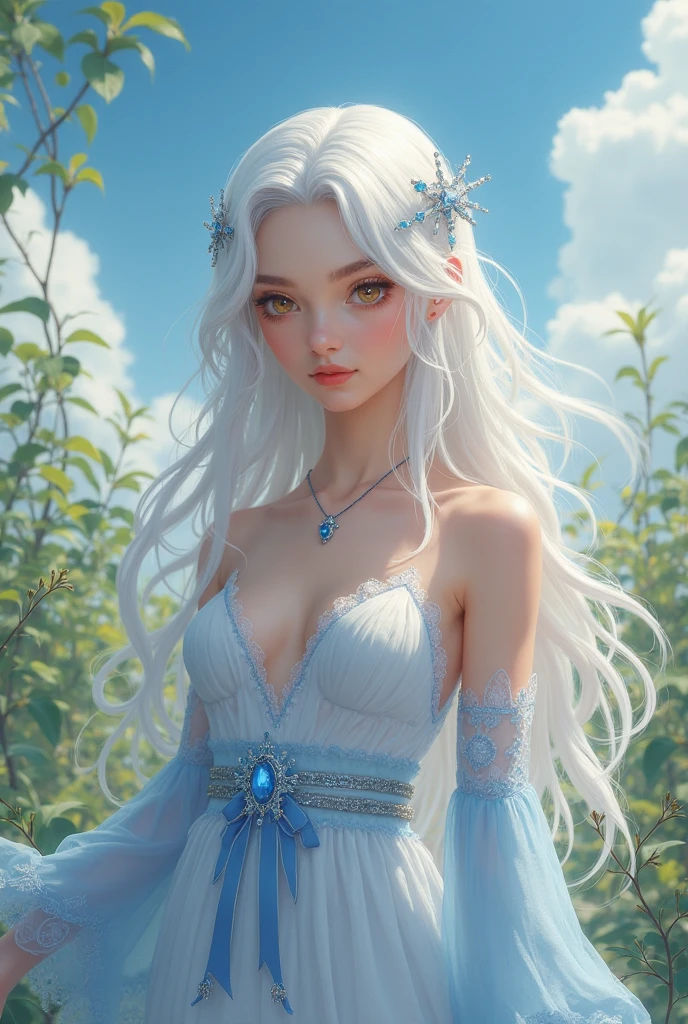 Russian Empire, Neon, garden, fabulous girl, dressed in a pale white simple silk dress of the 19th century with silver embroidery, Face similar to Daenerys, long white hair, stunning blue eyes, large breasts, realistic Face, Complex details, Beautiful fantasy setting, "silver-blue-green floral embroidery, 8K, HD,detailed yees, detailed face, detailed skin