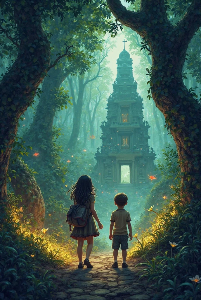 •	create a image for this
“A young girl with a sketchbook and a boy with a compass lost in a magical jungle, glowing animals surrounding them, ancient trees and a stone temple hidden in the background.”