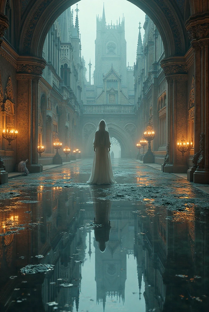 Generate me this prompt A surreal mirror world with warped British architecture, flickering candlelight, and ghostly reflections of different historical eras.