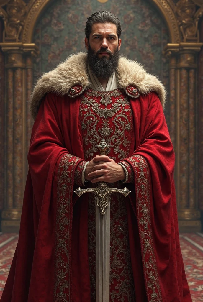 The king in the red robe with a sword in his hands detail
