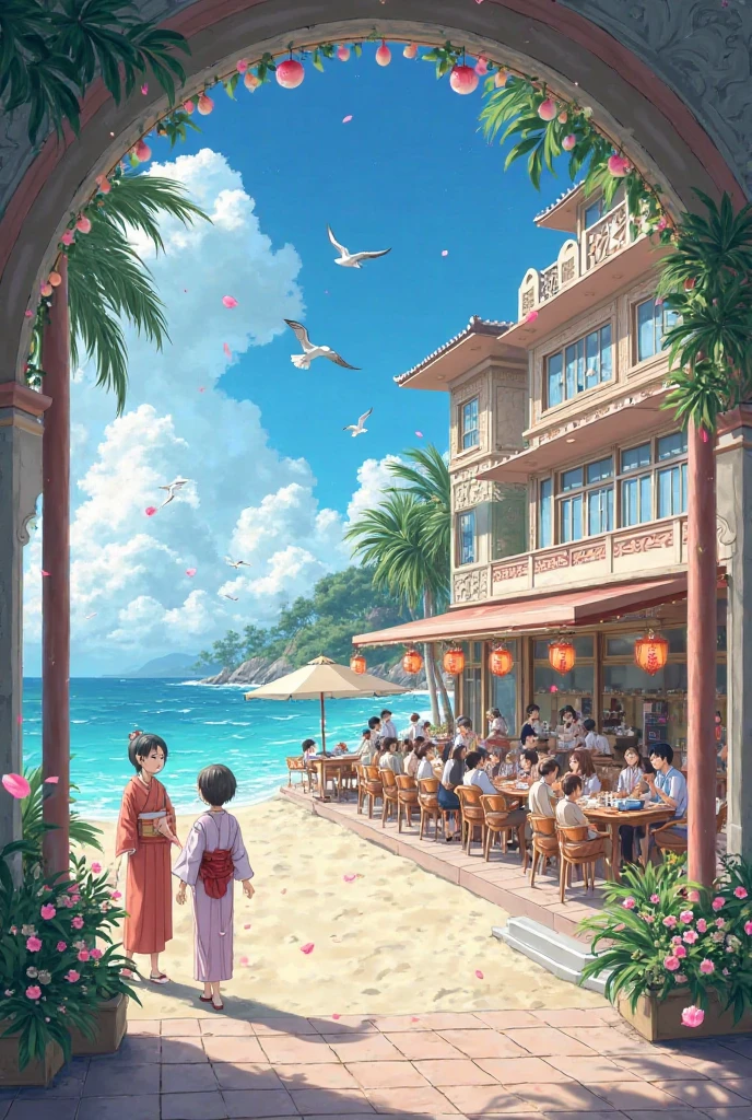 beach hotel with seafood restaurant anime