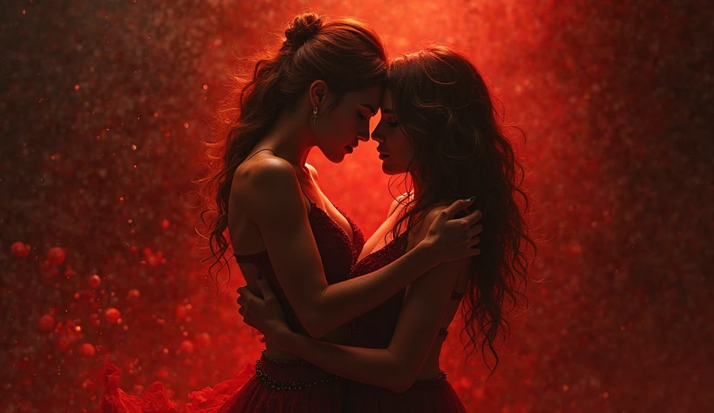 Couple in love radiating love and positive energy in shades of red, pink, wine, points of light and passion, realistic and extremely perfect image with vibrant colors