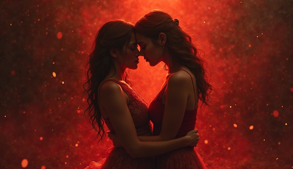 two women kissing that have red colors and a dark background