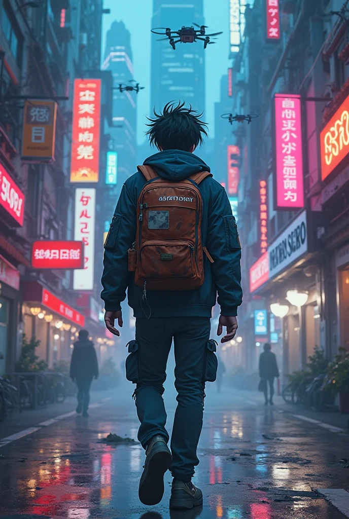 Create a male anime character in a cyberpunk science-fiction world. He must be facing backwards, walking through a futuristic city illuminated by neon signs and shrouded in fog. The character wears technological clothes Urban and carry one backpack with a modern and worn look. On the back of the backpack, must be clearly written "Astroboy" in stylized letters. The surrounding environment must convey a dense and vibrant atmosphere, full of contrasts between shadows and artificial lights, with drones flying over and skyscrapers in the background. The image must capture the feeling of loneliness and mystery amidst technological chaos.