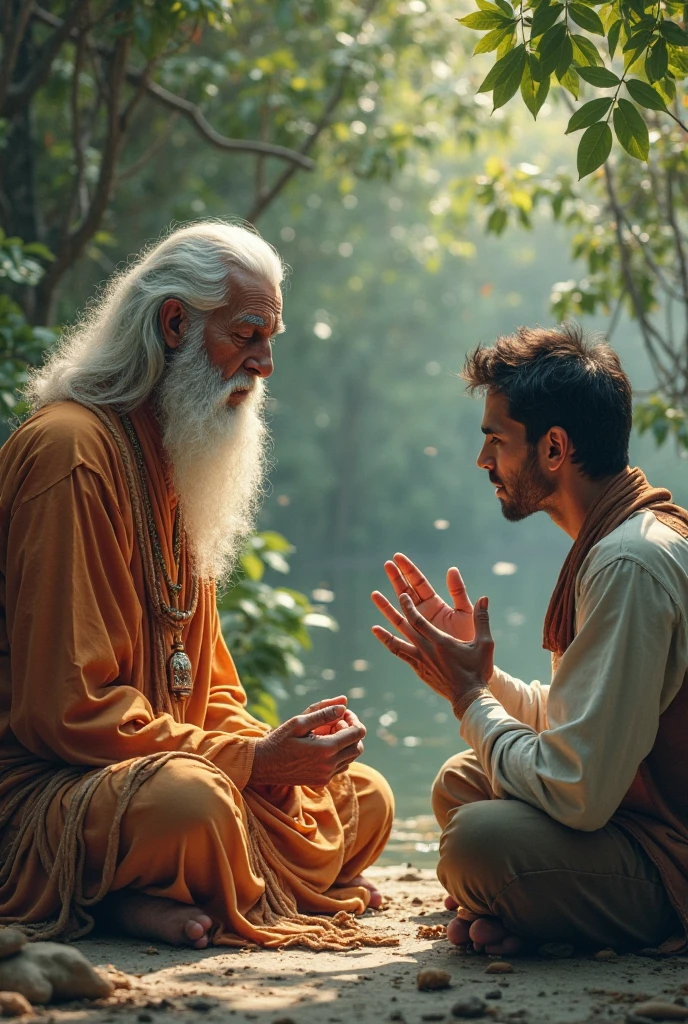 A ancient indian shadu with white hair and beard teaching his male student 