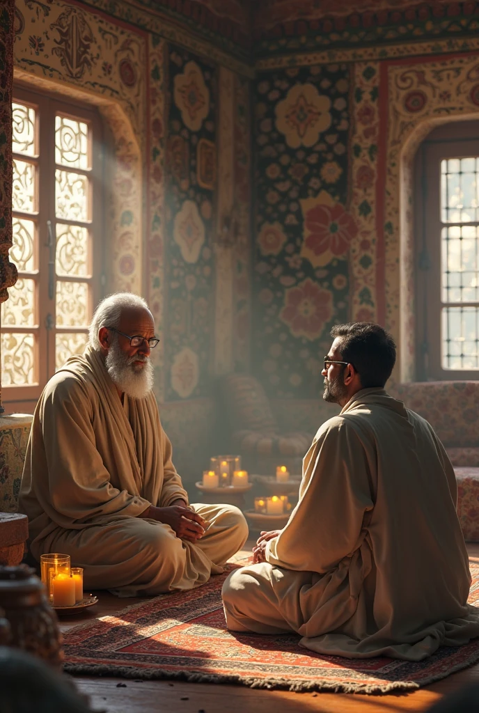 Realistic image of a sage listening to a man who is complaining in ashram living room