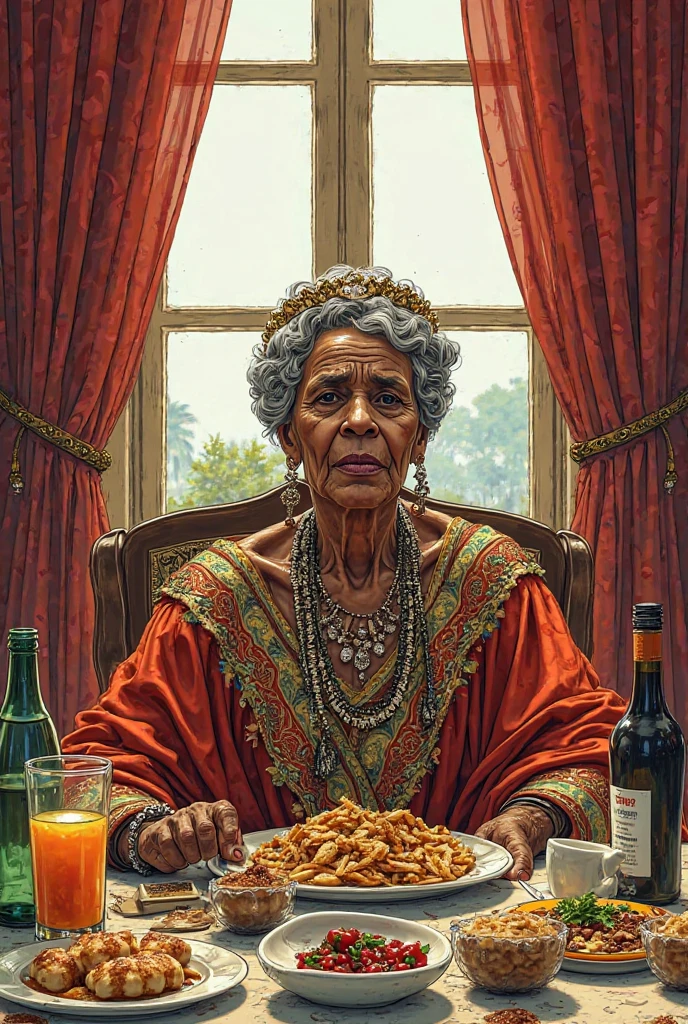 Femme âgée, portant des vêtements royale style africain, assises à une table où il y a des boissons et de la nourriture, regardant par la fenêtre, dessin mangas