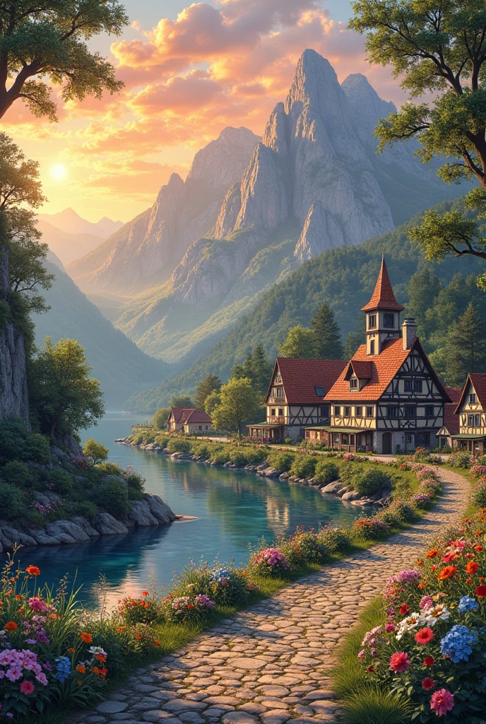 A small village by the river, mountains in the background, colorful flowers, detailed landscape style, beautiful natural scenery, atmospheric lighting,  scorching sunset ,  warm colors, practical, photographic, detailed foliage, complex buildings , cobblestone street, charming country house, vibrant colors, lush vegetation, reflections in the water, pitoresco, idyllic, work of art, Best Quality, 8k, extremely detailed, anime style