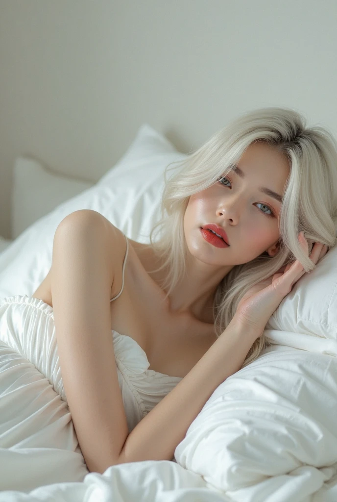 GORGEOUS PLATINUM HAIR WOMAN SLEEPING ON A LIGHTING MITHOLOGICAL ROOM, WOMAN LYING IN BED, WOMAN BEAUTY INSPIRATION, WEIGHTLESS & FLOATING, HUGE LONG PLATINUM HAIR, PLATINUM EYEBROWS, LIGHT GRAY EYES, EXPRESSIVE EYES, ENIGMATIC FACE EXPRESSION,  EYES, VERY PALE SKIN, ROSY CHEEKS, HIGH CHEEKBONES, MENTAL FORAMEN, GORGEOUS LIPS, ELEGANT CURVY BODY, MUSCLES, STRONG BODY, STRONG ABDOMEN, TRANSPARENT FABRIC, LONG SPLIT DRESS, EXPOSED THIGHS, GORGEOUS LEGS, BARE FEET, LAID DOWN ON BED, STRAPLESS CLEAVAGE, SENSUAL IMAGE, BACK LIGHTS, SUN LIGHTS, DAYLIGHTS, FIFFUSED LIGHTS ON BODY, WHITE ROOM, WHITE BED, MIDDLE SHOT ANGLE, DAYLIGHT, HUGE WINDOWS, DIFFUSED LIGHTS ON FACE, MASTERPIECE, 8K, HIGH DETAILED IMAGE