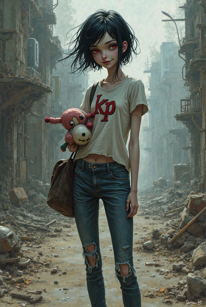 Marceline Abadeer is the vampire queen of Adventure Time with short hair and a snoopy t-shirt with letters KP, in a post-apocalyptic world with his plush hambo