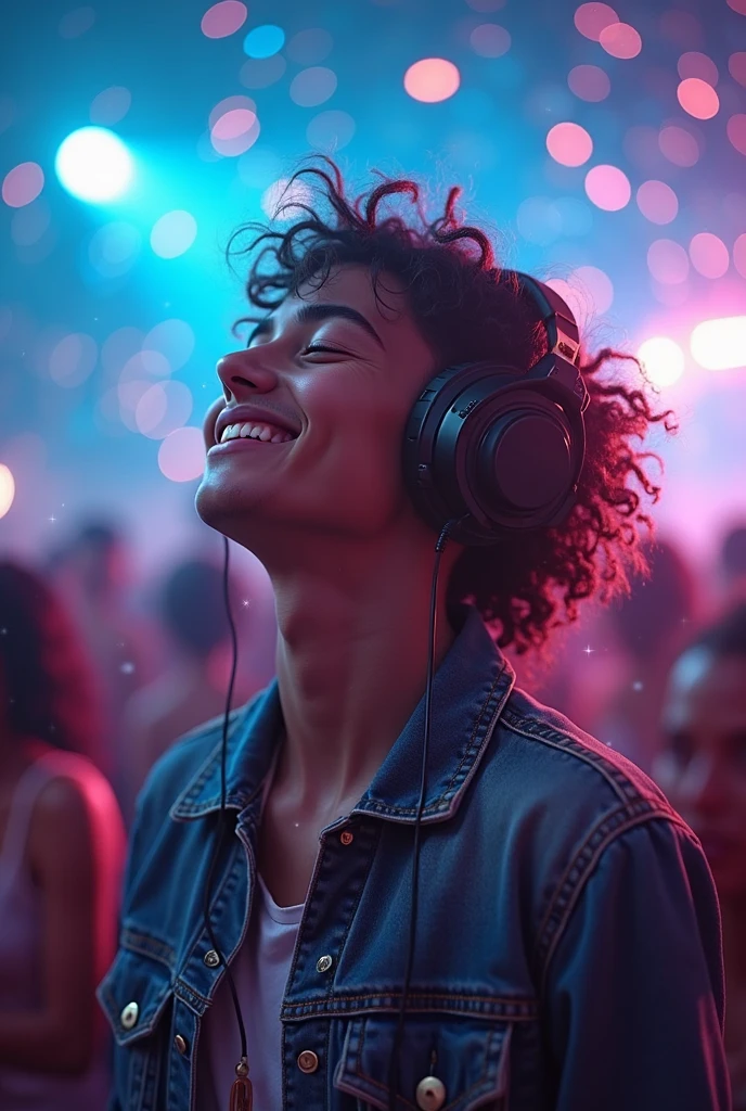 8k, a dancing beautiful asian cyborg with brown bun hair, ((DJ)), ((tattoos)), photography, portrait of gadis_jelita wearing black sequin flowy silk dress, dark lipstick, silver DJ Headset, ((laughing)), excited, one hand on the air, detail, DJ table, cheering crowds in blurry background, soft focus, (masterpiece, sidelighting, finely detailed beautiful eyes: 1.2), close-up, hdr