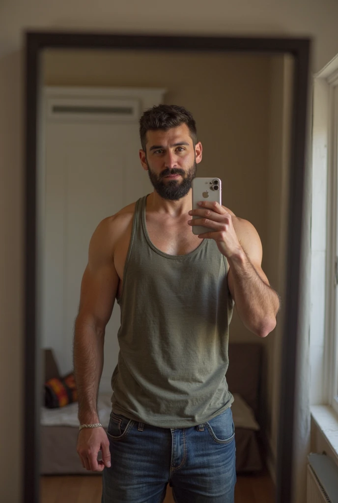 A man in his fifties taking a selfie in the bathroom mirror, Muscular男性, Strong masculine traits, Hairy breasts and Hairy body, Very muscular, Hairy body, Thick, attractive Thick man, Huge muscles, so beautiful. Big muscles, Gigachad Muscle, Sexy masculine, Hairy breasts, Sexy muscular body, 濡れたHairy body, Muscular, Super buff and cool