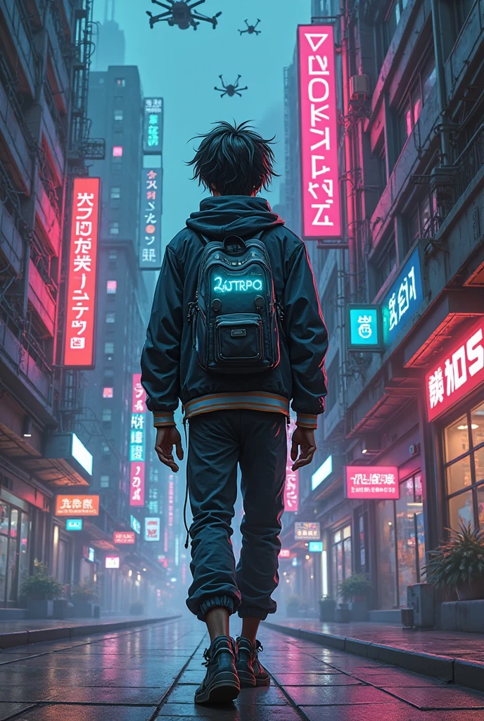 Create an anime-art style image/manga of a male character with dark brown skin, quase negra, And short frizzy hair. The character must be on his back, walking down a street of a futuristic city with cyberpunk aesthetics. He must wear urban clothes with technological elements — such as a jacket with LED lights, synthetic fabric pants and reinforced boots. Nas costas, he carries a technology-looking backpack, with visible wear and metallic details. On the back of the backpack,  there must be the word  "Astroboy" written in large letters, brilliant and stylized , visible from afar, as if it were part of the backpack design.

The surrounding scenery must include very tall buildings with neon signs in several languages, outdoors digitais, drones flying, hanging cables , And a light mist in the air , creating a dense, cinematic atmosphere. The Palette of Colors must mix dark tones with vibrant colors (roxo, azul, pink and neon green), creating a strong contrast between shadows and artificial lights. The image should convey a sense of mystery, isolation and immersion in a dystopian and highly technological world. The art must look like illustration From manga or comic book, with defined features, dramatic shadows and dynamic composition.

