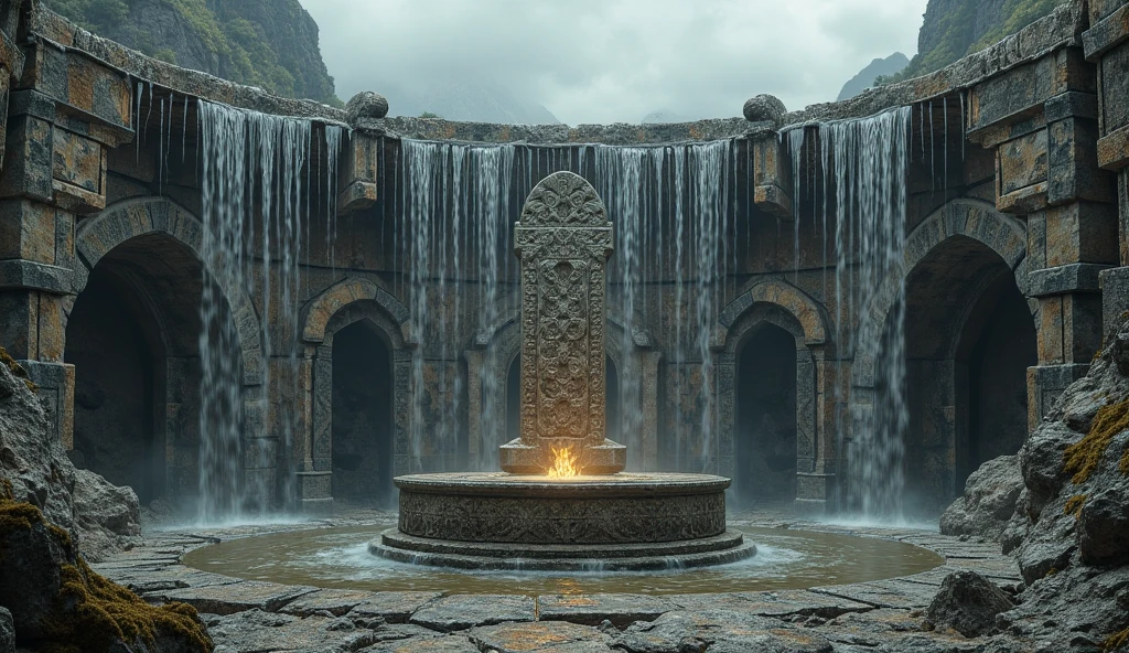 Detailed view of the stone altar built by Elijah, water dripping from the wood, cinematic texture, ultra-realistic, 4K.