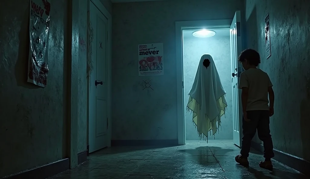 cctv footage of an extremely dark empty room with evil horror humanoid Japanese Ghost