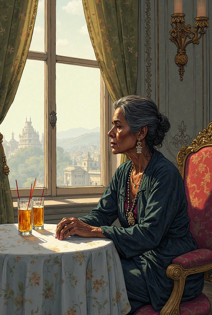 Femme âgée, peau foncé, assises à une table où il y a des boissons, regardant par la fenêtre, palais, dessin mangas