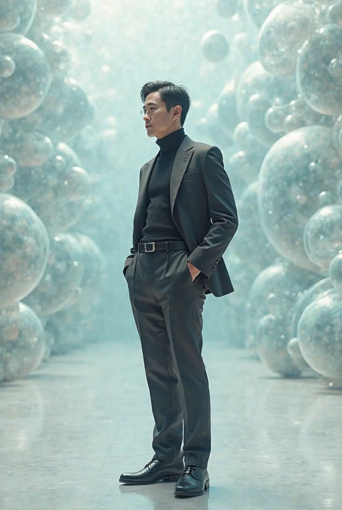 A man.85m square in a turtleneck with blazer and shino pants and well-dressed shoes in a bubble background 
