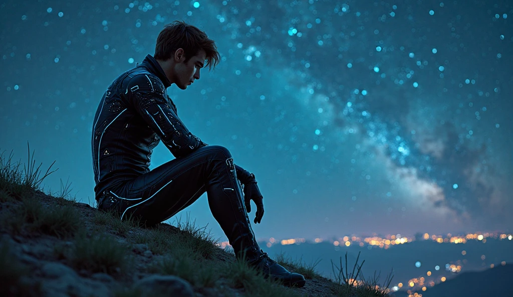 handsome brown-haired man, charming look, fierce gaze, sparkling eyes, muscular, in black and azure cyberpunk suit, in black and neon suit, sitting on a small hill looking at the night sky, fflix_dmatter, back view, nights darkness, intricate circuits and sensors, photographic realism style, detailed textures, peacefulness, mysterious, milky way in the night sky