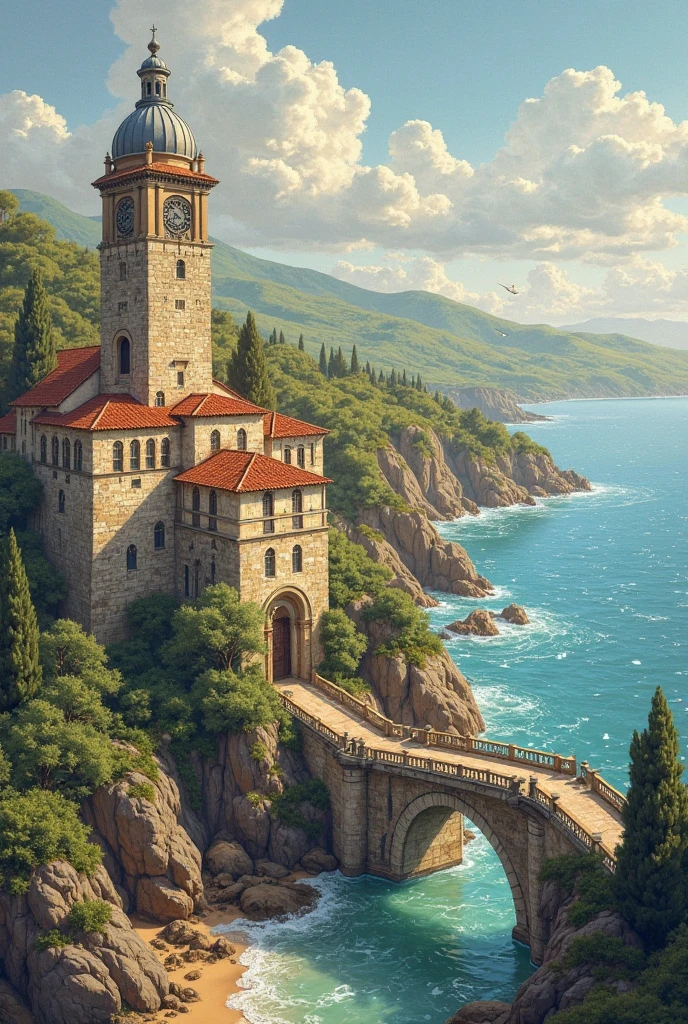 Create a drawing of the Penha convent and the third lighthouse bridge