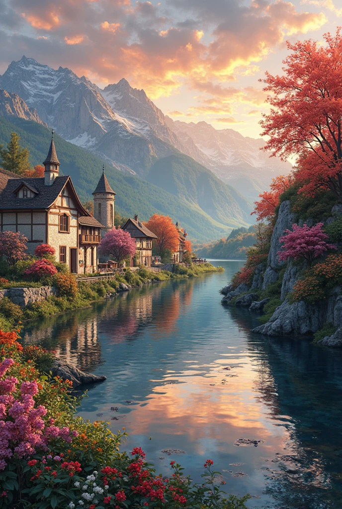 a small village by the river, mountains in the background, floral flowers colorful, detailed landscape, Beautiful natural landscapes, atmospheric lighting, scorching sunset, warm colours, practical, photopractical, Detailed Foliage, complex buildings, cobblestone street, Charming country house, swirly vibrant colors, lush vegetation, Still water reflections, Picturesque, idyllic, work of art, best qualityer, 8k, extremely detaild,anime styling