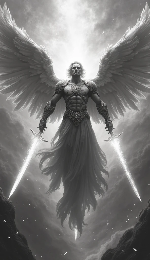 Make a male angel with a sword with his wings spread out facing away

